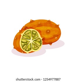 Detailed flat vector design of whole and half of juicy kivano. Tasty exotic fruit. Natural product. Healthy nutrition
