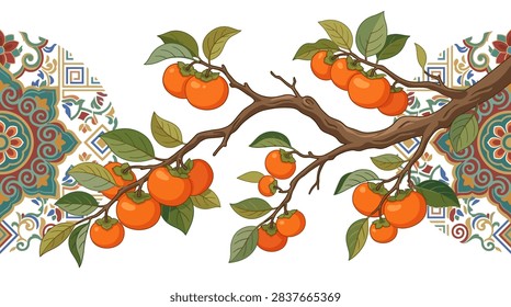 A detailed flat vector graphic featuring ripe, orange persimmon fruits hanging from brown tree branches with green leaves. The composition includes colorful, circular ethnic mandala patterns with intricate geometric and floral designs in shades of teal, red, and gold against a clean white background.