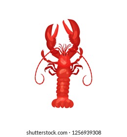 Detailed flat vector icon of fresh bright red lobster. Marine creature with big claws. Seafood theme