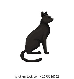 Detailed flat vector icon of graceful black cat. Sacred symbol of ancient Egypt. Home pet