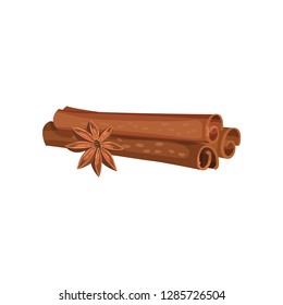 Detailed flat vector icon of three rolled cinnamon sticks and anise star. Aromatic spice. Fragrant condiment