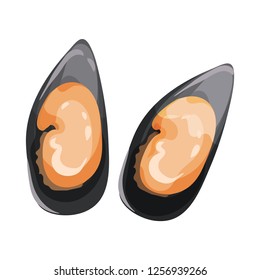 Detailed flat vector icon of two mussels in black shells. Delicious seafood. Edible marine product