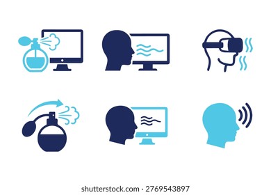 Detailed flat vector icons depicting digital scent technology concepts including virtual reality headsets with olfactory feedback systems and computer interfaces for transmitting aroma sensations blue