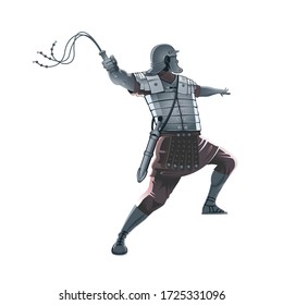 A detailed flat vector illustration of an ancient Roman soldier or legionary in silver armor and helmet. The character is depicted in a dynamic action pose, wielding a leather whip or flagrum, set against a clean white background for historical or educational themes.