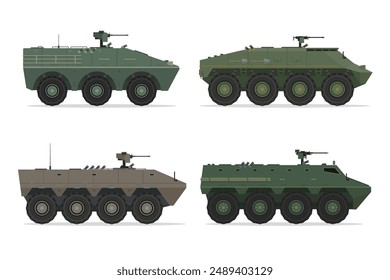 Detailed Flat Vector Illustration of Armored Personnel Carrier (APC) collection, Side View, Military Vehicle Illustration