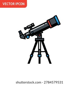 A detailed flat vector illustration of an astronomical telescope mounted on a sturdy tripod, used for stargazing and scientific space exploration.