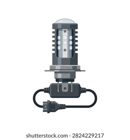 A detailed flat vector illustration of an automotive LED headlight bulb assembly featuring a cooling heatsink, power cable, and electrical connector.