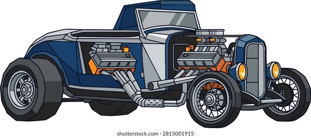 Detailed flat vector illustration of a classic hot rod muscle car featuring exposed dual V8 engines, custom bodywork, vintage styling, and retro American automotive design. Perfect for automotive branding, racing graphics, transportation projects, vehicle posters, merchandise, and editorial illustrations. 

#HotRod #MuscleCar #ClassicCar #VintageCar #RetroCar #StreetRod #CustomCar #AmericanClassic #V8Engine #Automotive #Vehicle #Transportation #PerformanceCar #CollectorCar #FlatVector #VectorIllustration #AutomotiveDesign #CarIllustration #EditableVector #TransportDesign