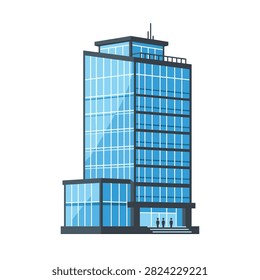 A detailed flat vector illustration of a contemporary multi-story commercial office building with blue glass facade and architectural details.