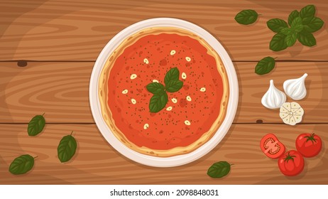 Detailed flat vector illustration of a delicious Italian style Pizza Marinara on a plate surrounded with fresh ingredients.