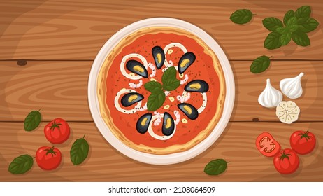 Detailed flat vector illustration of a delicious Italian style Pizza Frutti di Mare on a plate surrounded with fresh ingredients.