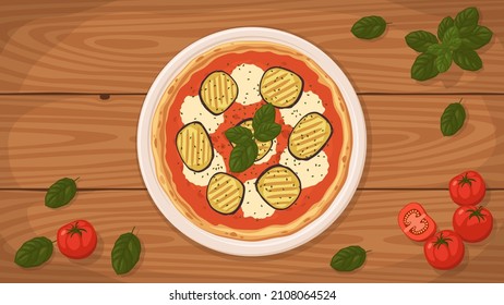 Detaillierte flache Vektorgrafik einer leckeren italienischen Pizza Melanzane auf einem Teller, umgeben von frischen Zutaten.