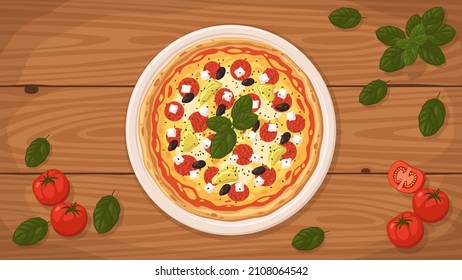 Detaillierte flache Vektorgrafik einer köstlichen Pizza im griechischen Stil auf einem Teller, umgeben von frischen Zutaten.