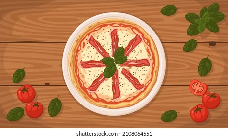 Detailed flat vector illustration of a delicious Italian style Pizza Inglesina on a plate surrounded with fresh ingredients.