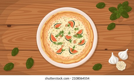 Detailed flat vector illustration of a delicious Italian style Pizza e Fichi on a plate surrounded with fresh ingredients.