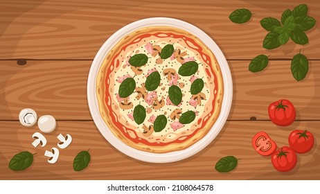 Detallada ilustración vectorial plana de un delicioso Pizza Prosciutto de estilo italiano sobre un plato rodeado de ingredientes frescos.