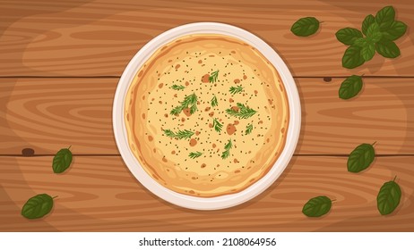 Detailed flat vector illustration of a delicious Italian style Pizza Bianca on a plate surrounded with fresh ingredients.