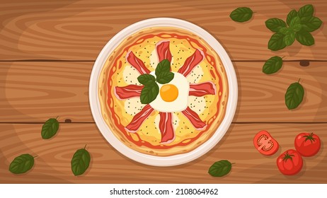 Detailed flat vector illustration of a delicious Italian style Pizza Bismark on a plate surrounded with fresh ingredients.