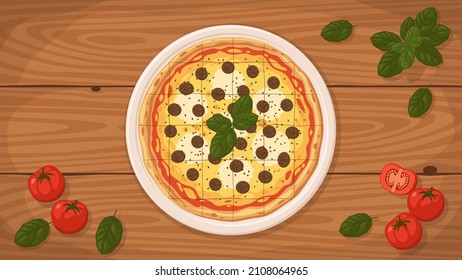 Detailed flat vector illustration of a delicious Chicago-Style Pizza on a plate surrounded with fresh ingredients.