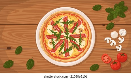 Detallada ilustración vectorial plana de un delicioso estilo italiano Pizza Tirolese sobre un plato rodeado de ingredientes frescos.