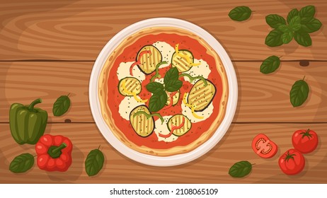 Detallada ilustración vectorial plana de una deliciosa pizza Ortolana de estilo italiano en un plato rodeado de ingredientes frescos.