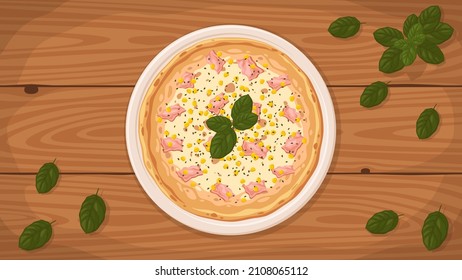 Detallada ilustración vectorial plana de un delicioso estilo italiano Pizza Mimosa en un plato rodeado de ingredientes frescos.