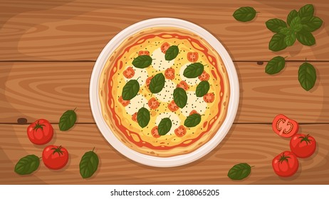 Detaillierte flache Vektorgrafik einer leckeren italienischen Pizza Caprese auf einem Teller, umgeben von frischen Zutaten.