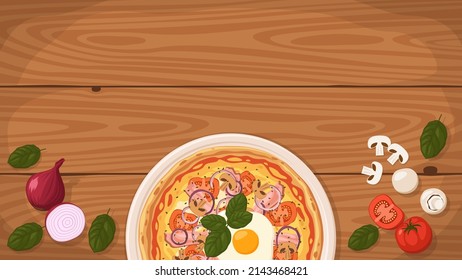 Detailed flat vector illustration of a delicious Australian Pizza on a plate surrounded with fresh ingredients. Room for text.