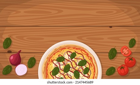 Ilustración detallada de un vector plano de una deliciosa pizza de pollo a la barbacoa en un plato rodeado de ingredientes frescos. Espacio para el texto.