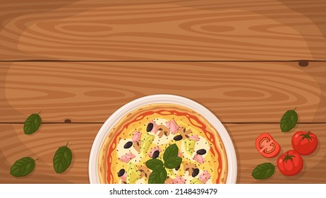 Detailed flat vector illustration of a delicious Italian style Pizza Capricciosa on a plate surrounded with fresh ingredients. Room for text.