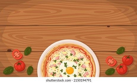 Detailed flat vector illustration of a delicious Italian style Pizza Carbonara on a plate surrounded with fresh ingredients. Room for text.