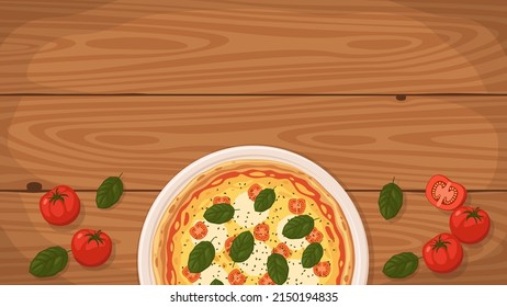 Detallada ilustración vectorial plana de un delicioso estilo italiano Pizza Caprese en un plato rodeado de ingredientes frescos. Espacio para el texto.
