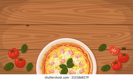 Detailed flat vector illustration of a delicious Pizza Hawaiian on a plate surrounded with fresh ingredients. Room for text.
