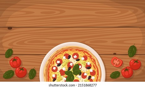 Detailed flat vector illustration of a delicious Greek-Style Pizza on a plate surrounded with fresh ingredients. Room for text.