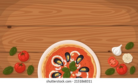Detailed flat vector illustration of a delicious Italian style Pizza Frutti di Mare on a plate surrounded with fresh ingredients. Room for text.