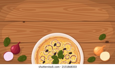 Detailed flat vector illustration of a delicious Argentinian style Pizza Fugazzeta on a plate surrounded with fresh ingredients. Room for text.