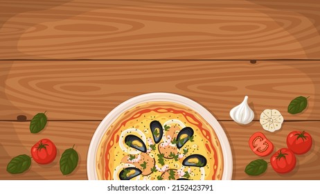 Detailed flat vector illustration of a delicious Italian style Pizza Mare e Monti on a plate surrounded with fresh ingredients. Room for text.