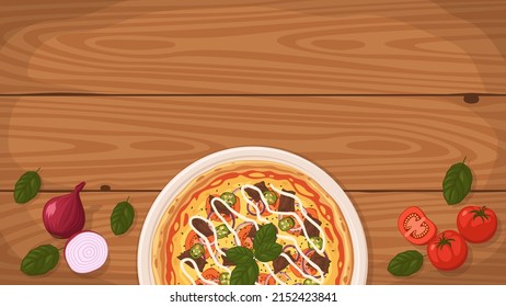 Detailed flat vector illustration of a delicious Kebab Pizza on a plate surrounded with fresh ingredients. Room for text.