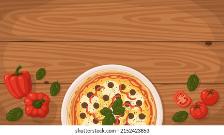 Detailed flat vector illustration of a delicious New York-style Pizza on a plate surrounded with fresh ingredients. Room for text.