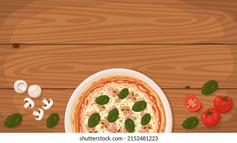 Detailed flat vector illustration of a delicious Italian style Pizza Prosciutto on a plate surrounded with fresh ingredients. Room for text.