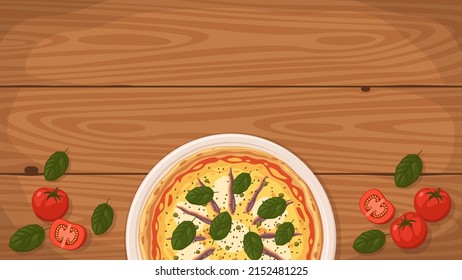 Detailed flat vector illustration of a delicious Italian style Pizza Romana on a plate surrounded with fresh ingredients. Room for text.