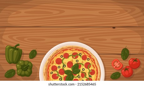 Detallada ilustración vectorial plana de una deliciosa pizza estilo St. Louis en un plato rodeado de ingredientes frescos. Espacio para el texto.