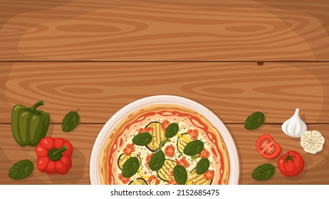 Detailed flat vector illustration of a delicious Italian style Pizza Vegetariana on a plate surrounded with fresh ingredients. Room for text.
