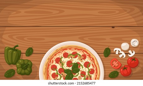 Detailed flat vector illustration of a delicious Windsor-Style Pizza on a plate surrounded with fresh ingredients. Room for text.