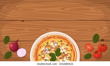Detailed flat vector illustration of a delicious Italian style Pizza Tonno e Cipolla on a plate surrounded with fresh ingredients. Room for text.