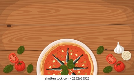 Detailed flat vector illustration of a delicious Italian style Pizza Sardenara on a plate surrounded with fresh ingredients. Room for text.