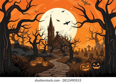 A detailed flat vector illustration featuring a winding stone path leading to a haunted gothic church under a glowing full moon. The eerie landscape is decorated with glowing jack-o'-lanterns, gnarled bare trees, tombstones, and silhouettes of bats flying across an orange sky.