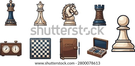 Detailed flat vector illustration featuring classic chess pieces, a chessboard, tournament clock, scorebook, and storage accessories. Ideal for chess clubs, educational materials, strategy games, competitions, and board game-related design projects.