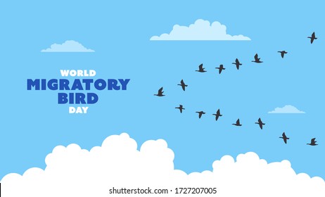 Detailed flat vector illustration of a flock of migrating birds on a blue background with clouds. World Migratory Birds Day. Feel free to use only parts of the illustration too.