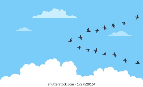 Detailed flat vector illustration of a flock of migrating birds on a blue background with clouds. World Migratory Birds Day. Feel free to use only parts of the illustration too.